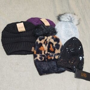 Beanie Bundle of 5 - Black, Purple, Leopard, Gray